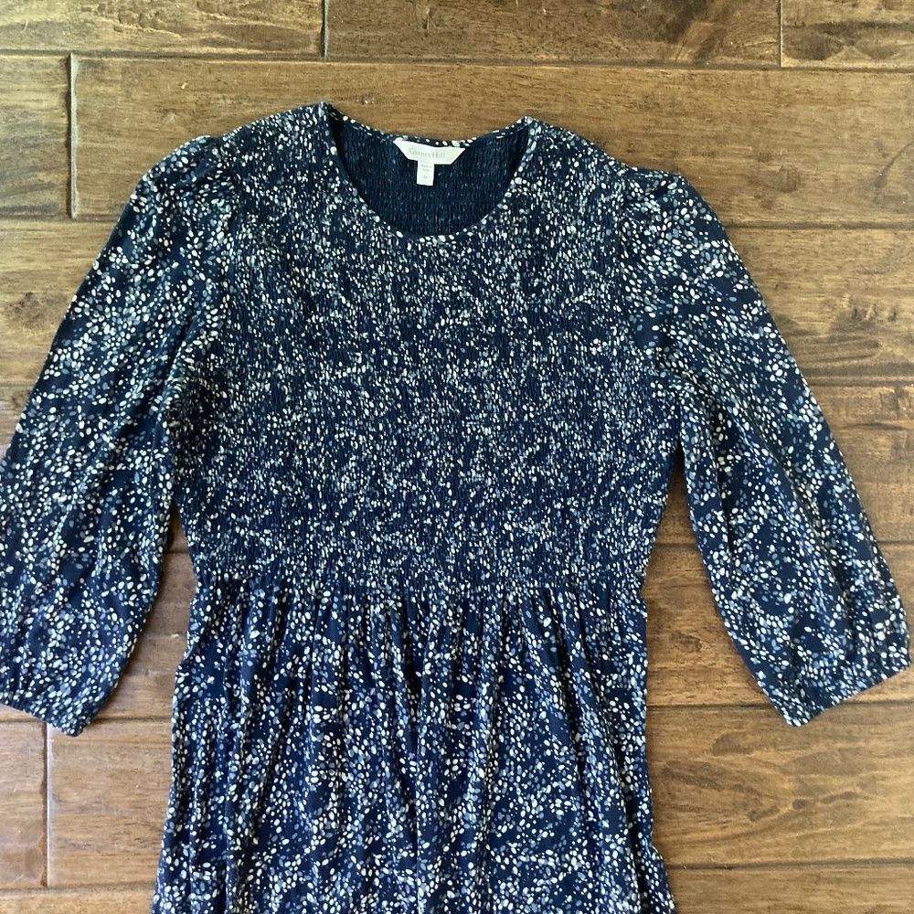 Garnet Hill Dress Women’s Medium Dotted Smocked Midi Dress Navy Organic Cotton - Picture 3 of 10